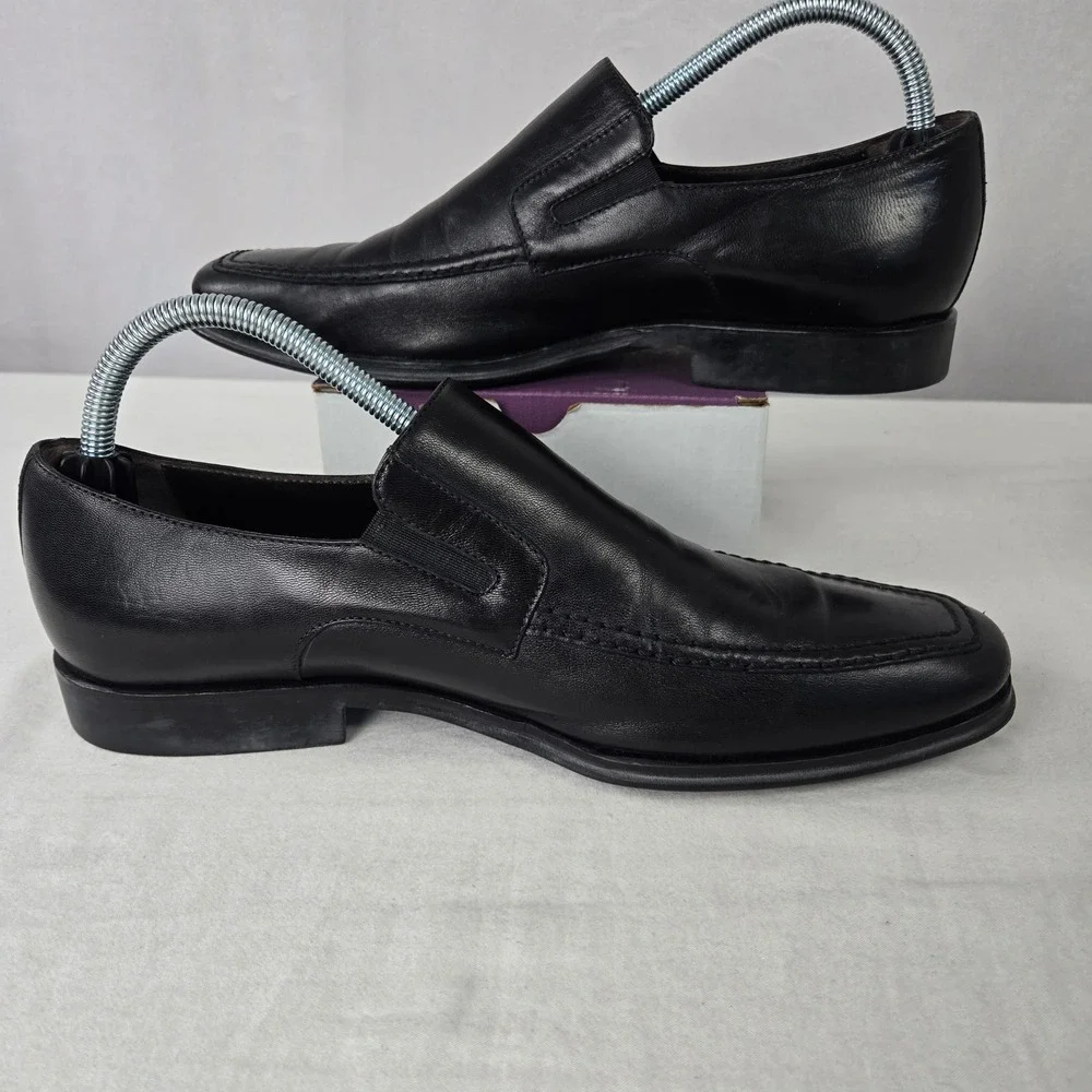 Bruno Magli Men Black Leather Apron Toe Slip On Loafers Shoe Made Italy Size 9 M